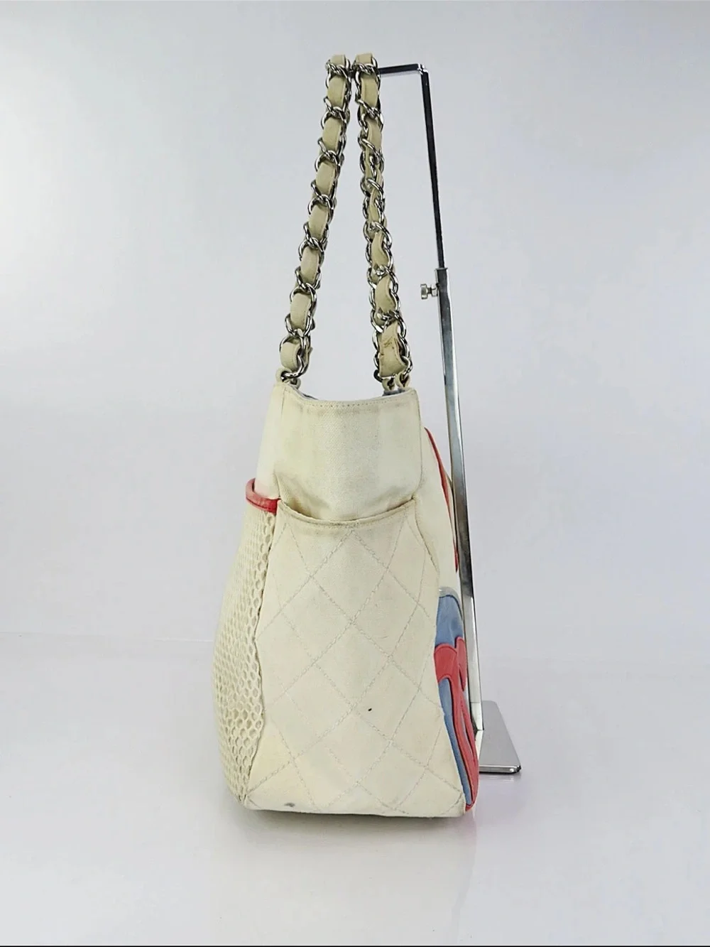 CHANEL Beige Quilted Leather Tote with Blue and Coral Trim
